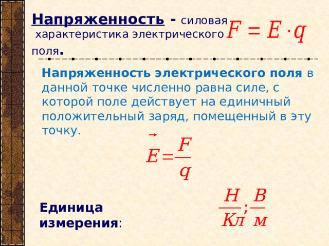 Напряженность - силовая  характеристика электрического поля . Напряженность электрического поля в данной точке численно равна силе, с которой поле действует на единичный положительный заряд, помещенный в эту точку. Единица измерения : 