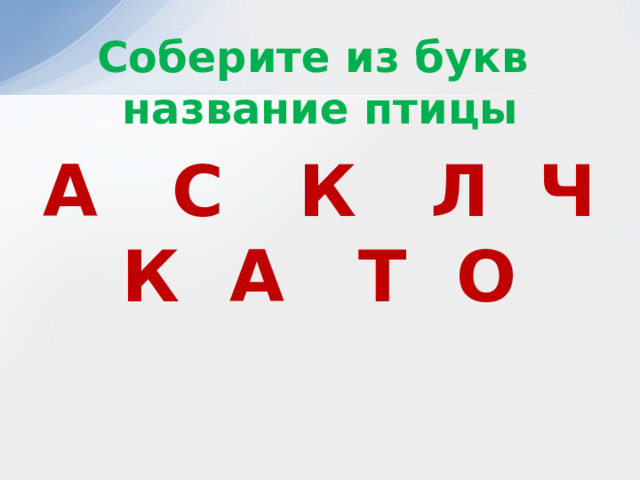 Соберите из букв  название птицы А С К Л Ч К А Т О 