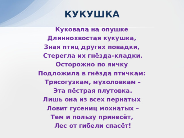 КУКУШКА Куковала на опушке Длиннохвостая кукушка, Зная птиц других повадки, Стерегла их гнёзда-кладки. Осторожно по яичку Подложила в гнёзда птичкам: Трясогузкам, мухоловкам – Эта пёстрая плутовка. Лишь она из всех пернатых Ловит гусениц мохнатых – Тем и пользу принесёт, Лес от гибели спасёт!   