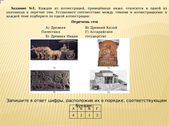 Задание №1. Каждая из иллюстраций, приведённых ниже, относится к одной из указанных в перечне тем. Установите соответствие между темами и иллюстрациями: к каждой теме подберите по одной иллюстрации : Перечень тем А)  Древняя Палестина Б)  Древняя Индия В)  Древний Китай Г)  Ассирийское государство Запишите в ответ цифры, расположив их в порядке, соответствующем буквам: A 4 Б В 2 Г 1 3 