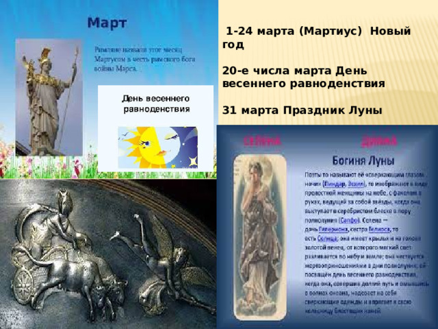  1-24 марта (Мартиус) Новый год  20-е числа марта День весеннего равноденствия  31 марта Праздник Луны  