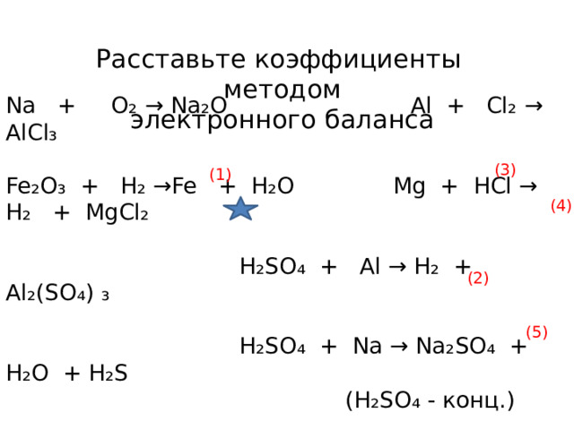 Расставьте коэффициенты методом электронного баланса Na + O₂ → Na₂O Al + Cl₂ → AlCl₃ Fe₂O₃ + H₂ → Fe + H₂O Mg + HCl → H₂ + MgCl₂  H₂SO₄ + Al → H₂ + Al₂(SO₄) ₃  H₂SO₄ + Na → Na₂SO₄ + H₂O + H₂S  (H₂SO₄ - конц.) (3) (1) (4) (2) (5) 