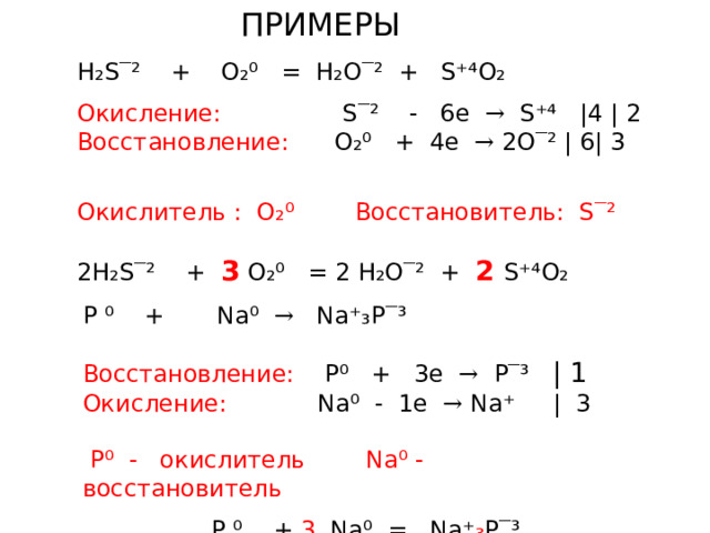 ПРИМЕРЫ H₂S ‾ ² + O₂⁰ = H₂O ‾ ² + S⁺⁴O₂ Окисление: S ‾ ² - 6e → S⁺⁴ |4 | 2 Восстановление: O₂⁰ + 4e → 2O ‾ ² | 6| 3 Окислитель : O₂⁰ Восстановитель: S ‾ ² 2 H₂S ‾ ² + 3 O₂⁰ = 2 H₂O ‾ ² + 2  S⁺⁴O₂ P ⁰ + Na⁰ → Na⁺₃P ‾ ³ Восстановление: P⁰ + 3e → P ‾ ³ | 1 Окисление: Na⁰ - 1e → Na⁺ | 3  P⁰ - окислитель Na⁰ - восстановитель  P ⁰ + 3 Na⁰ = Na⁺ ₃ P ‾ ³ 