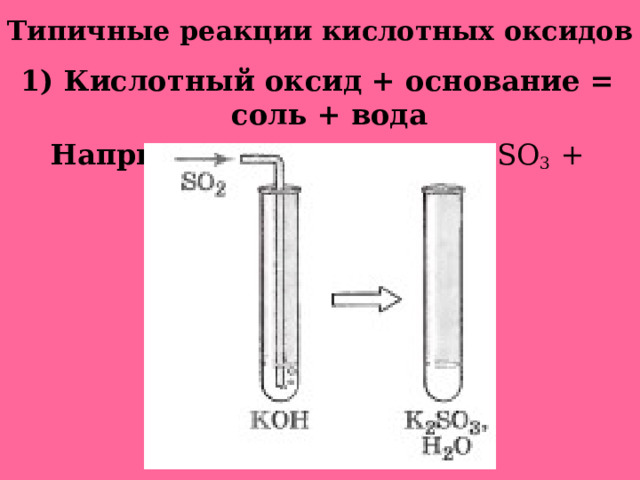 Типичные реакции кислотных оксидов 1) Кислотный оксид + основание = соль + вода Например: SO 2  + 2KOH = K 2 SO 3 + H 2 O   