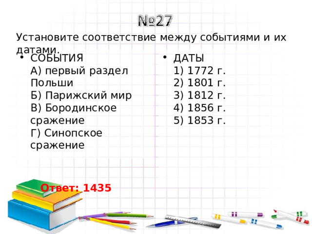 Установите соответствие между событиями и их датами. СОБЫТИЯ  A) первый раздел Польши  Б) Парижский мир  B) Бородинское сражение  Г) Синопское сражение ДАТЫ  1) 1772 г.  2) 1801 г.  3) 1812 г.  4) 1856 г.  5) 1853 г. Ответ: 1435 