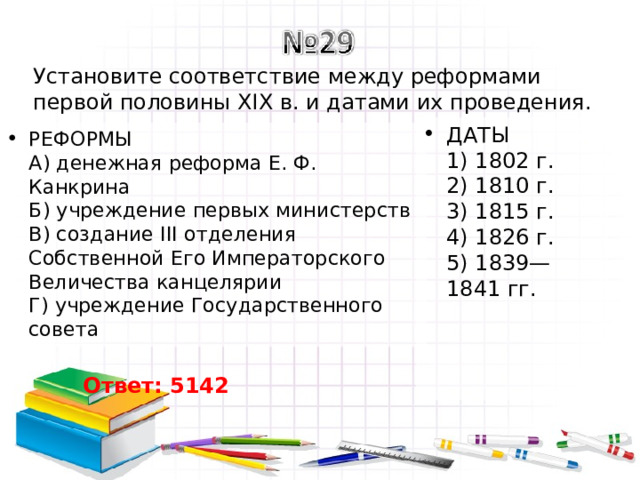 Установите соответствие между реформами первой половины XIX в. и датами их проведения. ДАТЫ  1) 1802 г.  2) 1810 г.  3) 1815 г.  4) 1826 г.  5) 1839—1841 гг. РЕФОРМЫ  A) денежная реформа Е. Ф. Канкрина  Б) учреждение первых министерств  B) создание III отделения Собственной Его Императорского Величества канцелярии  Г) учреждение Государственного совета Ответ: 5142 