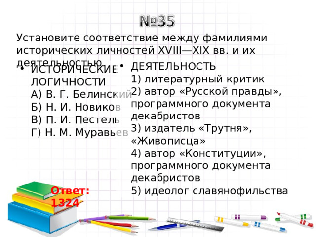 Установите соответствие между фамилиями исторических личностей XVIII—XIX вв. и их деятельностью. ДЕЯТЕЛЬНОСТЬ  1) литературный критик  2) автор «Русской правды», программного документа декабристов  3) издатель «Трутня», «Живописца»  4) автор «Конституции», программного документа декабристов  5) идеолог славянофильства ИСТОРИЧЕСКИЕ ЛОГИЧНОСТИ  А) В. Г. Белинский  Б) Н. И. Новиков  В) П. И. Пестель  Г) Н. М. Муравьев Ответ: 1324 