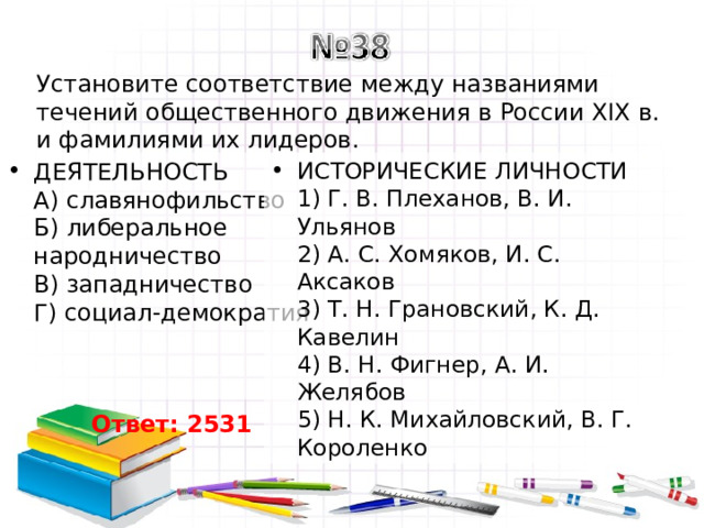 Установите соответствие между названиями течений общественного движения в России XIX в. и фамилиями их лидеров. ИСТОРИЧЕСКИЕ ЛИЧНОСТИ  1) Г. В. Плеханов, В. И. Ульянов  2) А. С. Хомяков, И. С. Аксаков  3) Т. Н. Грановский, К. Д. Кавелин  4) В. Н. Фигнер, А. И. Желябов  5) Н. К. Михайловский, В. Г. Короленко ДЕЯТЕЛЬНОСТЬ  А) славянофильство  Б) либеральное народничество  В) западничество  Г) социал-демократия   Ответ: 2531 