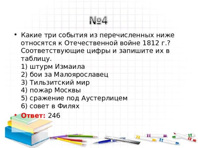 Какие три события из перечисленных ниже относятся к Отечественной войне 1812 г.? Соответствующие цифры и запишите их в таблицу.  1) штурм Измаила  2) бои за Малоярославец  3) Тильзитский мир  4) пожар Москвы  5) сражение под Аустерлицем  6) совет в Филях Ответ: 246    