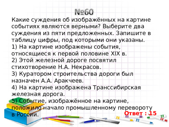 Какие суждения об изображённых на картине событиях являются верными? Выберите два суждения из пяти предложенных. Запишите в таблицу цифры, под которыми они указаны.  1) На картине изображены события, относящиеся к первой половине XIX в.  2) Этой железной дороге посвятил стихотворение Н.А. Некрасов.  3) Куратором строительства дороги был назначен А.А. Аракчеев.  4) На картине изображена Транссибирская железная дорога.  5) Событие, изображённое на картине, положило начало промышленному перевороту в России.  Ответ  : 15 