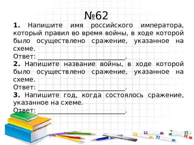 № 62 1. Напишите имя российского императора, который правил во время войны, в ходе которой было осуществлено сражение, указанное на схеме. Ответ: ___________________________. 2. Напишите название войны, в ходе которой было осуществлено сражение, указанное на схеме. Ответ: ___________________________. 3. Напишите год, когда состоялось сражение, указанное на схеме. Ответ: ___________________________. 