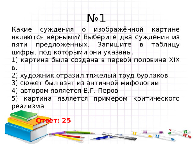 № 1 Какие суждения о изображённой картине являются верными? Выберите два суждения из пяти предложенных. Запишите в таблицу цифры, под которыми они указаны. 1) картина была создана в первой половине XIX в. 2) художник отразил тяжелый труд бурлаков 3) сюжет был взят из античной мифологии 4) автором является В.Г. Перов 5) картина является примером критического реализма Ответ: 25 