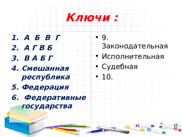 Ключи :  А Б В Г  А Г В Б  В А Б Г Смешанная республика Федерация  Федеративные государства    9. Законодательная Исполнительная Судебная 10. 