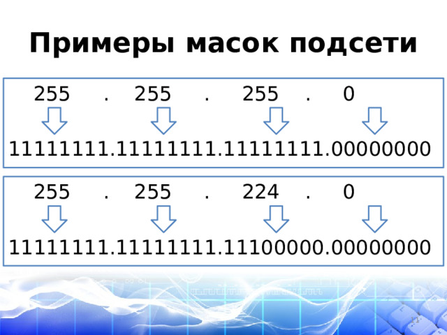 Примеры масок подсети  255 . 255 . 255 . 0 11111111.11111111.11111111.00000000  255 . 255 . 224 . 0 11111111.11111111.11100000.00000000  