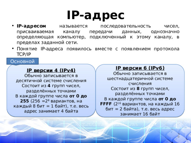 IP-адрес IP-адресом называется последовательность чисел, присваиваемая каналу передачи данных, однозначно определяющая компьютер, подключенный к этому каналу, в пределах заданной сети. Понятие IP-адреса появилось вместе с появлением протокола TCP/IP Основной IP версии 4 (IPv4) Обычно записывается в десятичной системе счисления Состоит из 4 групп чисел, разделённых точками В каждой группе числа от 0 до 255 (256 =2 8 вариантов, на каждый 8 бит = 1 байт), т.е. весь адрес занимает 4 байта IP версии 6 (IPv6) Обычно записывается в шестнадцатеричной системе счисления Состоит из 8 групп чисел, разделённых точками В каждой группе числа от 0 до FFFF (2 16 вариантов, на каждый 16 бит = 2 байта), т.е. весь адрес занимает 16 байт  