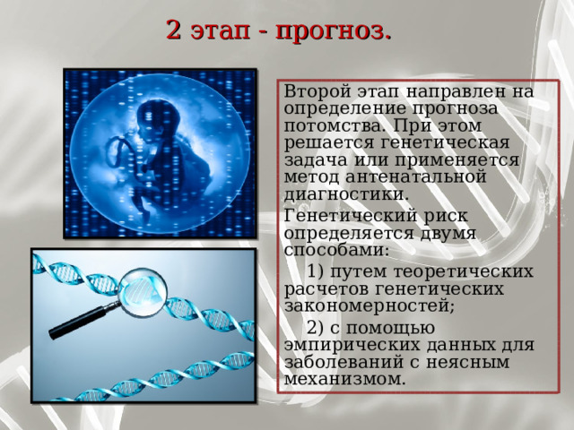 2 этап - прогноз.   Второй этап направлен на определение прогноза потомства. При этом решается генетическая задача или применяется метод антенатальной диагностики. Генетический риск определяется двумя способами:  1) путем теоретических расчетов генетических закономерностей;  2) с помощью эмпирических данных для заболеваний с неясным механизмом. 