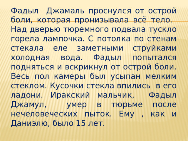 Фадыл Джамаль проснулся от острой боли, которая пронизывала всё тело. Над дверью тюремного подвала тускло горела лампочка. С потолка по стенам стекала еле заметными струйками холодная вода. Фадыл попытался подняться и вскрикнул от острой боли. Весь пол камеры был усыпан мелким стеклом. Кусочки стекла впились в его ладони. Иракский мальчик, Фадыл Джамул, умер в тюрьме после нечеловеческих пыток. Ему , как и Даниэлю, было 15 лет. 