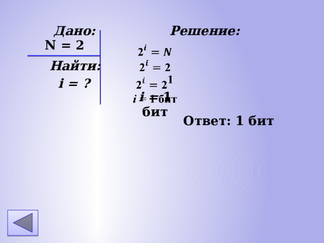 Дано: Решение: Найти: i = ? N = 2 i = 1 бит Ответ: 1 бит