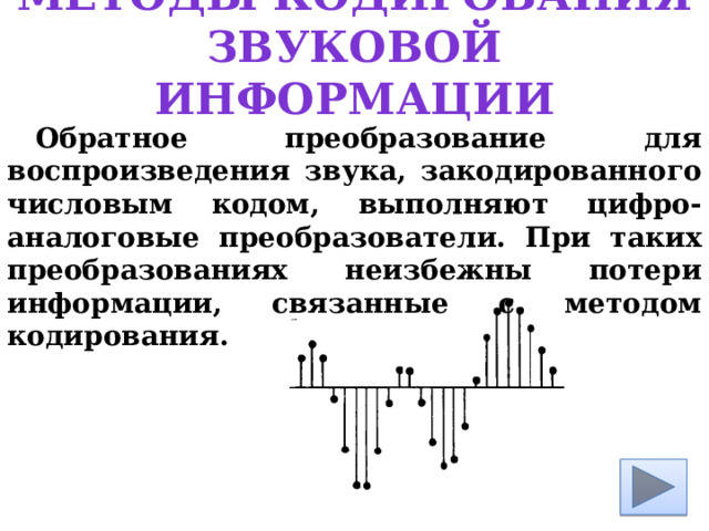 Методы кодирования звуковой информации Обратное преобразование для воспроизведения звука, закодированного числовым кодом, выполняют цифро-аналоговые преобразователи. При таких преобразованиях неизбежны потери информации, связанные с методом кодирования. 