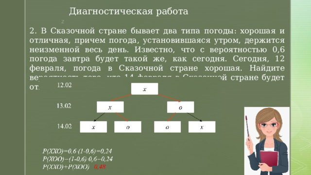 Диагностическая работа 2. В Сказочной стране бывает два типа погоды: хорошая и отличная, причем погода, установившаяся утром, держится неизменной весь день. Известно, что с вероятностью 0,6 погода завтра будет такой же, как сегодня. Сегодня, 12 февраля, погода в Сказочной стране хорошая. Найдите вероятность того, что 14 февраля в Сказочной стране будет отличная погода. 