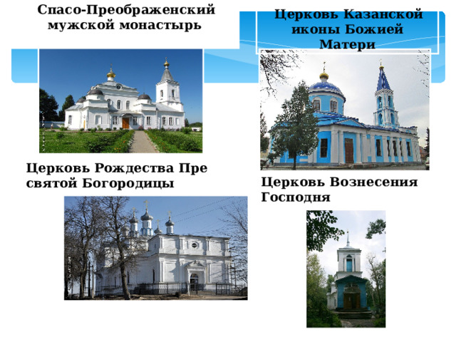  Спасо-Преображенский мужской монастырь   Церковь Казанской иконы Божией Матери Церковь Рождества Пресвятой Богородицы  Церковь Вознесения Господня  