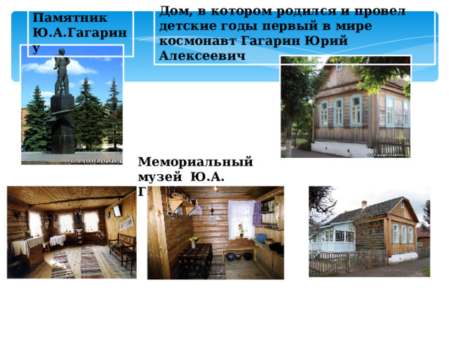 Дом, в котором родился и провел детские годы первый в мире космонавт Гагарин Юрий Алексеевич Памятник Ю.А.Гагарину Мемориальный музей Ю.А. Гагарина  