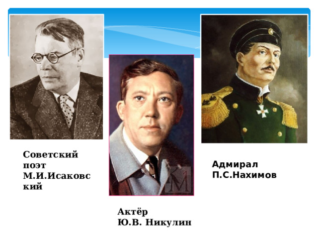 Советский поэт М.И.Исаковский Адмирал П.С.Нахимов Актёр Ю.В. Никулин  