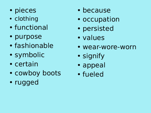 pieces clothing functional purpose fashionable symbolic certain cowboy boots rugged because occupation persisted values wear-wore-worn signify appeal fueled 