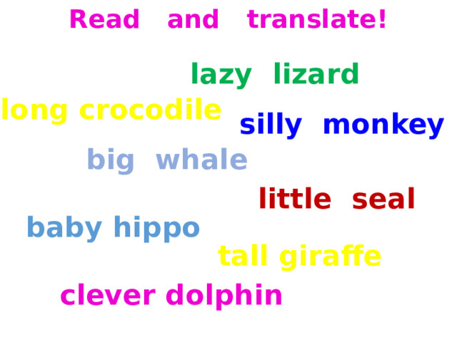 Read and translate! lazy lizard long crocodile silly monkey big whale little seal baby hippo tall giraffe clever dolphin 