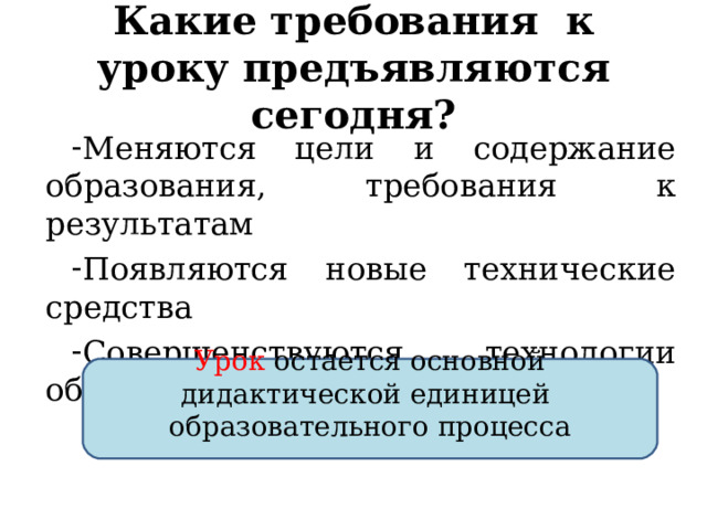 Какие требования к уроку предъявляются сегодня? Меняются цели и содержание образования, требования к результатам Появляются новые технические средства Совершенствуются технологии обучения НО!!!! Урок  остается основной дидактической единицей образовательного процесса 