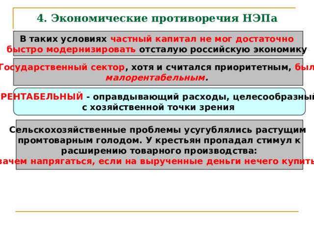 4. Экономические противоречия НЭПа В таких условиях частный капитал не мог достаточно быстро модернизировать отсталую российскую экономику  Государственный сектор , хотя и считался приоритетным, был малорентабельным .  РЕНТАБЕЛЬНЫЙ - оправдывающий расходы, целесообразный с хозяйственной точки зрения  Сельскохозяйственные проблемы усугублялись растущим промтоварным голодом. У крестьян пропадал стимул к  расширению товарного производства: зачем напрягаться, если на вырученные деньги нечего купить? 