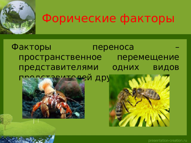 Форические факторы Факторы переноса – пространственное перемещение представителями одних видов представителей других видов. 