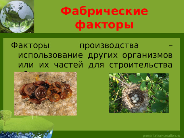 Фабрические факторы Факторы производства – использование других организмов или их частей для строительства убежищ. 