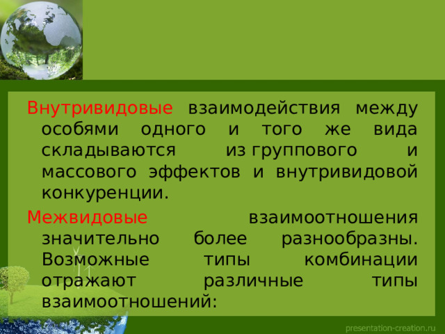 Внутривидовые взаимодействия между особями одного и того же вида складываются из группового и массового эффектов и внутривидовой конкуренции. Межвидовые взаимоотношения значительно более разнообразны. Возможные типы комбинации отражают различные типы взаимоотношений: 
