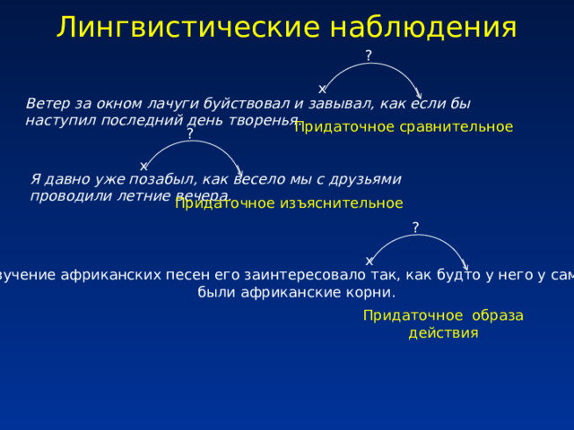 Лингвистические наблюдения ? х Ветер за окном лачуги буйствовал и завывал, как если бы наступил последний день творенья. Придаточное сравнительное ? х Я давно уже позабыл, как весело мы с друзьями проводили летние вечера. Придаточное изъяснительное ? х Изучение африканских песен его заинтересовало так, как будто у него у самого были африканские корни. Придаточное образа действия
