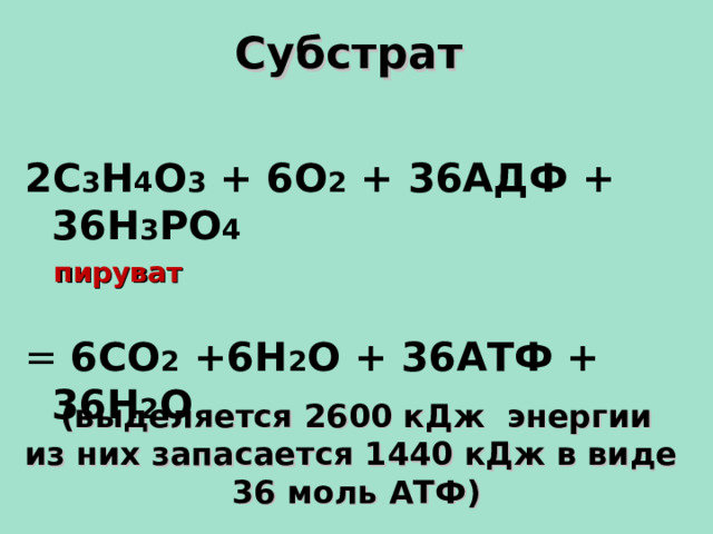 Субстрат 2С 3 Н 4 О 3 + 6О 2 + 36АДФ + 36Н 3 РО 4  пируват = 6СО 2 +6Н 2 О + 36АТФ + 36 H 2 О  (выделяется 2600 кДж энергии из них запасается 1440 кДж в виде 36 моль АТФ)  