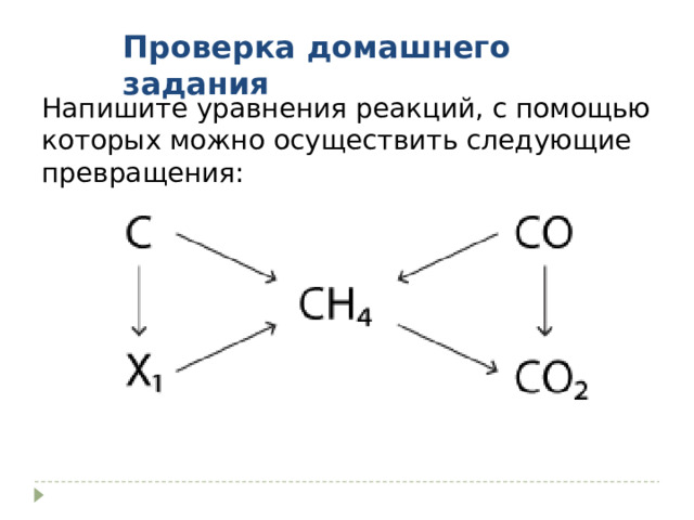 Проверка домашнего задания Напишите уравнения реакций, с помощью которых можно осуществить следующие превращения: 