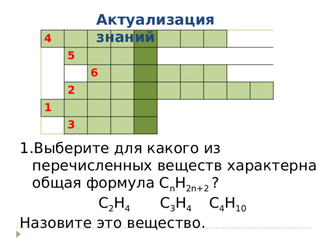 Актуализация знаний 4 5 6 2 1 3 Выберите для какого из перечисленных веществ характерна общая формула С n H 2n+2 ? С 2 Н 4    С 3 Н 4   С 4 Н 10 Назовите это вещество. 
