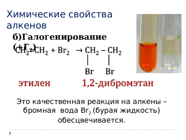 Химические свойства алкенов б)Галогенирование (+Г 2 ) Это качественная реакция на алкены – бромная вода Br 2 (бурая жидкость) обесцвечивается. 