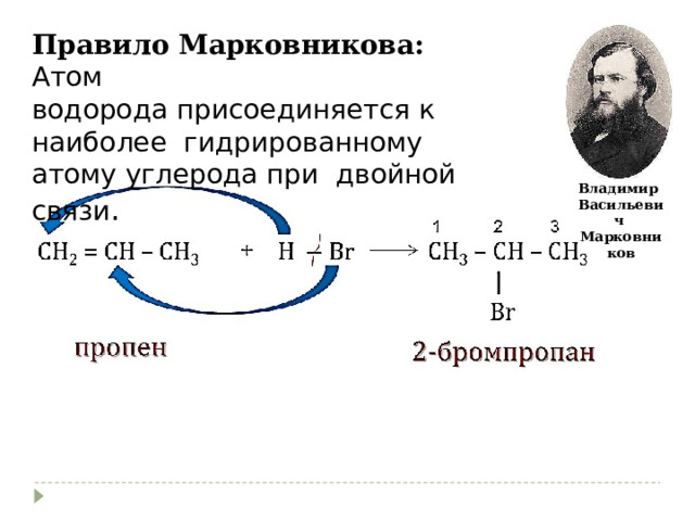 Правило Марковникова: Атом  водорода присоединяется к наиболее гидрированному атому углерода при двойной связи . Владимир Васильевич Марковников 
