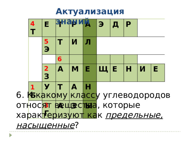 Актуализация знаний 4 Т Е Т 5 Э Р Т 2 З А И 1  Б 6 А Л Э У Д М 3 Г Т А А Е Р Н Щ З Е Ы Н И Е 6. К какому классу углеводородов относят вещества, которые характеризуют как предельные, насыщенные ? 