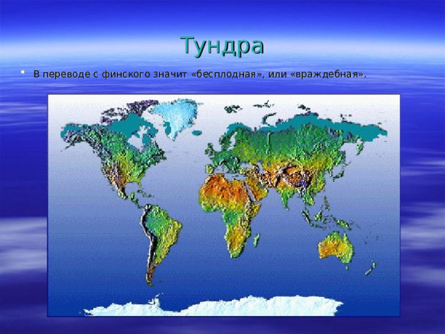 Тундра В переводе с финского значит «бесплодная», или «враждебная». 