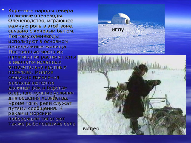 Коренные народы севера отличные оленеводы. Оленеводство, играющее важную роль в этой зоне, связано с кочевым бытом. Поэтому оленеводы используют в основном передвижные жилища. Постоянные места их проживания расположены в немногочисленных относительно крупных поселках. Многие сельские поселения располагаются по долинам рек и берегам озер, где лучшие условия для ведения хозяйства. Кроме того, реки служат путями сообщения. К рекам и морским побережьям тяготеют также рыболовецкие села. иглу видео 