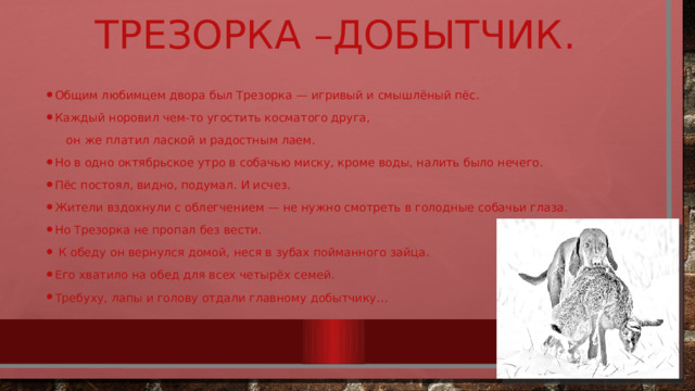 Трезорка –добытчик. Общим любимцем двора был Трезорка — игривый и смышлёный пёс. Каждый норовил чем-то угостить косматого друга,  он же платил лаской и радостным лаем.  Но в одно октябрьское утро в собачью миску, кроме воды, налить было нечего. Пёс постоял, видно, подумал. И исчез. Жители вздохнули с облегчением — не нужно смотреть в голодные собачьи глаза. Но Трезорка не пропал без вести.  К обеду он вернулся домой, неся в зубах пойманного зайца. Его хватило на обед для всех четырёх семей. Требуху, лапы и голову отдали главному добытчику… 