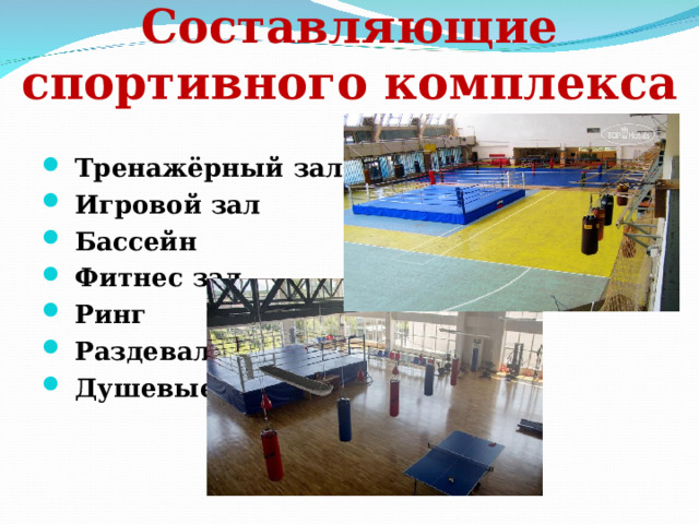 Составляющие спортивного комплекса  Тренажёрный зал  Игровой зал  Бассейн  Фитнес зал  Ринг  Раздевалки  Душевые 