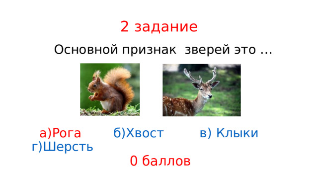 2 задание  Основной признак зверей это …  а)Рога  б)Хвост  в) Клыки   г)Шерсть 0 баллов 
