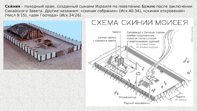 Ски́ния  – походный храм, созданный сынами Израиля по повелению  Божию  после заключении Синайского Завета. Другие названия: «скиния собрания» (Исх.40:34), «скиния откровения» (Числ.9:15), «дом Господа» (Исх.34:26). 