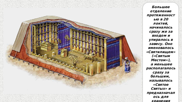 Большее отделение протяженностью в 20 локтей, начиналось сразу же за входом и упиралось в завесу. Оно именовалось «Святилищем» («Святым Местом»),  а меньшее располагалось сразу за большим, называлось «Святое Святых» и предназначалось для хранения ковчега завета. 