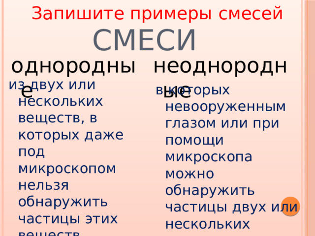 Запишите примеры смесей Смеси неоднородные однородные из двух или нескольких веществ, в которых даже под микроскопом нельзя обнаружить частицы этих веществ в которых невооруженным глазом или при помощи микроскопа можно обнаружить частицы двух или нескольких веществ 