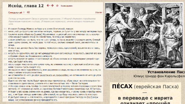 Установление Пасхи Юлиус Шнорр фон Карольсфельд ПЕ́САХ  (еврейская Пасха) —  в переводе с иврита означает «прошёл мимо», «миновал» .  